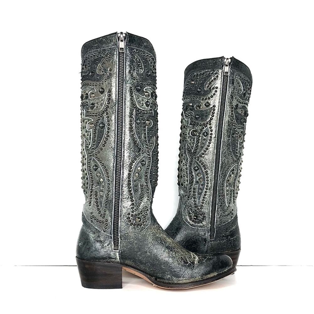 Frye Deborah Deco Tall Studded Distressed Leather Western Boots Women’s 6 Shoes - Picture 5 of 11